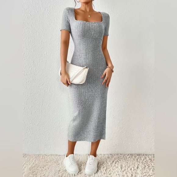 Soft Gray Ribbed Square Neck Side Slit Midi Dress - Picture 3 of 5